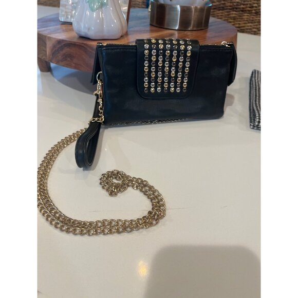 Black Olivia Miller Leather Studded Wristlet With Gold Chain Strap & Zipper Clos - Picture 1 of 10